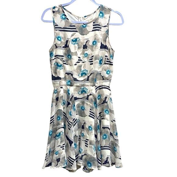 Maison Jules Blue Floral Stripe Fit & Flare Dress Size Small - Picture 1 of 13